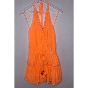 Ramy Brook Marla Open-Back Embroidered Mini Halter Dress, Electric Orange, SZ XS
